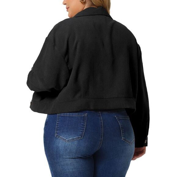 Plus Size Lightweight Cropped Shacket Button Down Corduroy Shacket Jackets Black - Picture 4 of 5